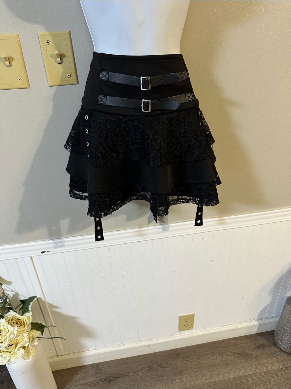 Hot Topic Black Lace Tiered Mini Skirt with Buckle Straps - Picture 3 of 6